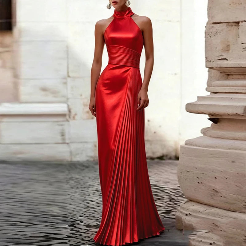 Elegant Halter Neck Pleated Backless Maxi Dress for Women