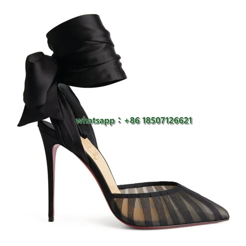 Elegant Black Mesh Ankle Tie Bow Stiletto Heels For Women