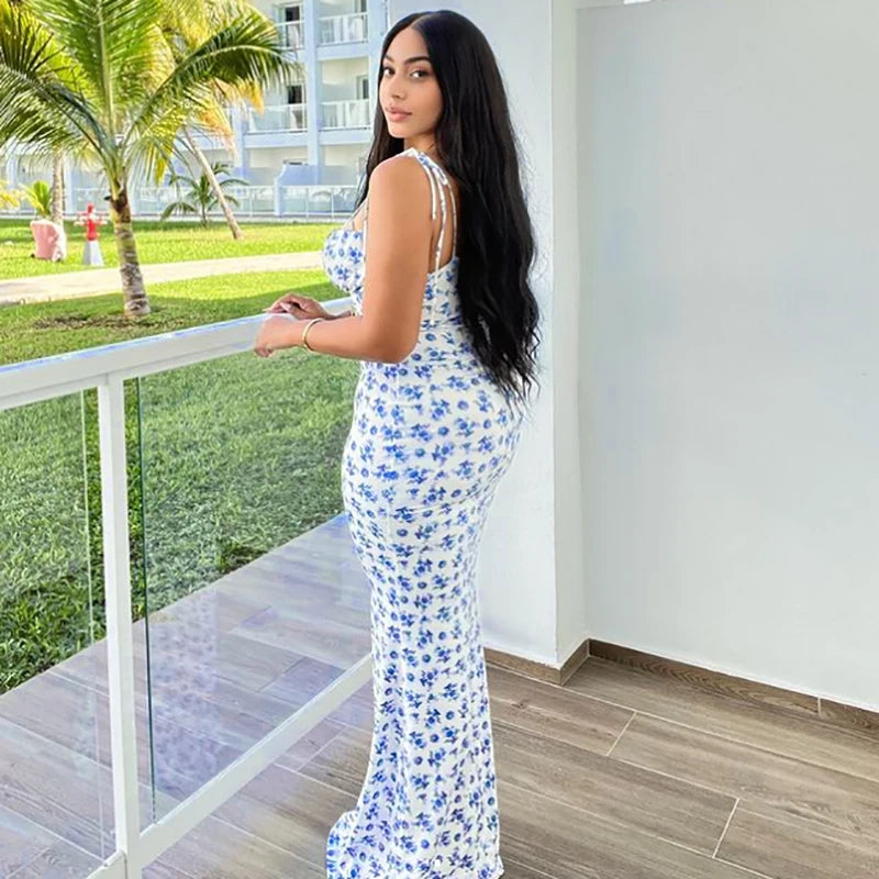 Sleeveless Floral Print Lace Up Backless Maxi Dress for Women