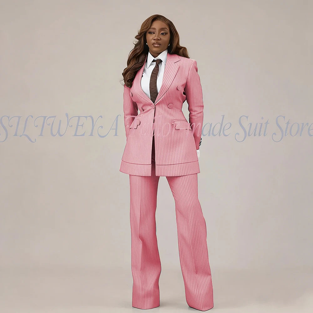 Slim Fit Brown Striped Blazer Set With Pants For Women