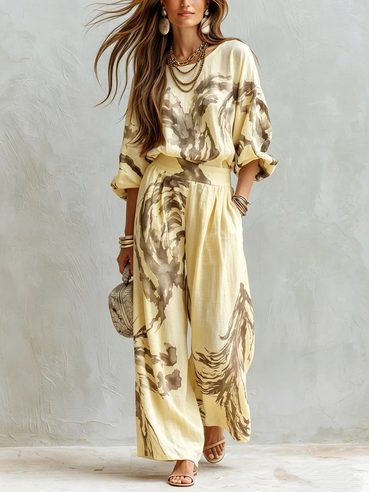 Casual Retro Printed Two Piece Pants Set for Women