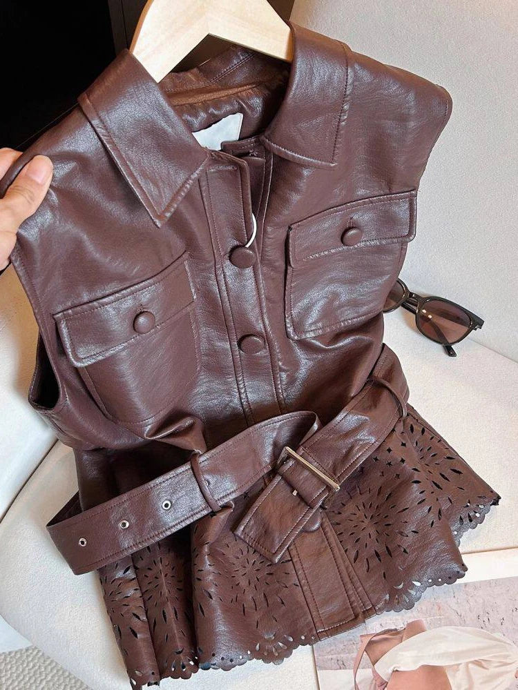 Retro Lapel Belted Leather Sleeveless Vest for Women