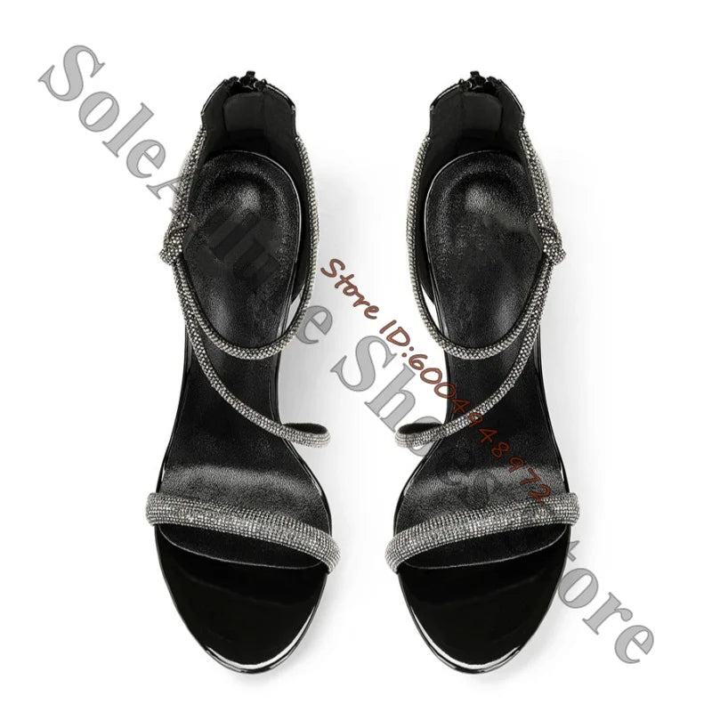 Gloss Black Patent Rhinestone Wrap Stiletto Sandals For Women