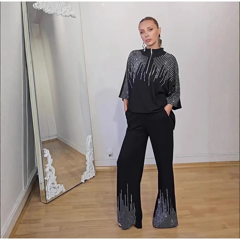 Elegant Casual Sequin Two Piece Top And Pants Set For Women