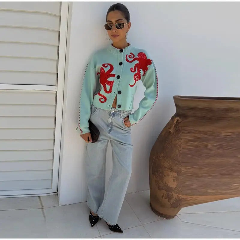 Elegant Knitted Octopus Jacquard Cardigan for Women