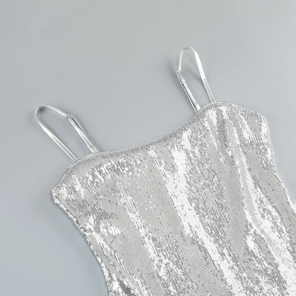 Glamorous Women's Silver Sequin Spaghetti Slip Mini Dress with Ruffled Hem Shiny Flower Party Night Club and Special Occasion
