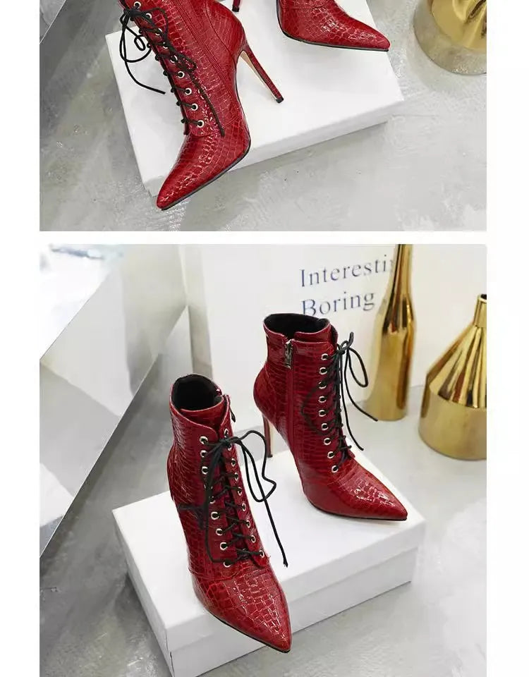 Chic Pointed Stiletto High Heel PU Leather Ankle Boots for Women