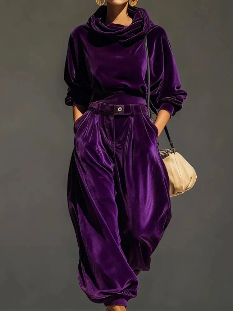 Loose Hooded Patchwork Two Piece Pants Set for Women