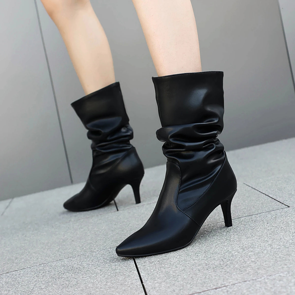 Metallic Pleated Pointed Toe Mid-Calf Stiletto Boots for Women