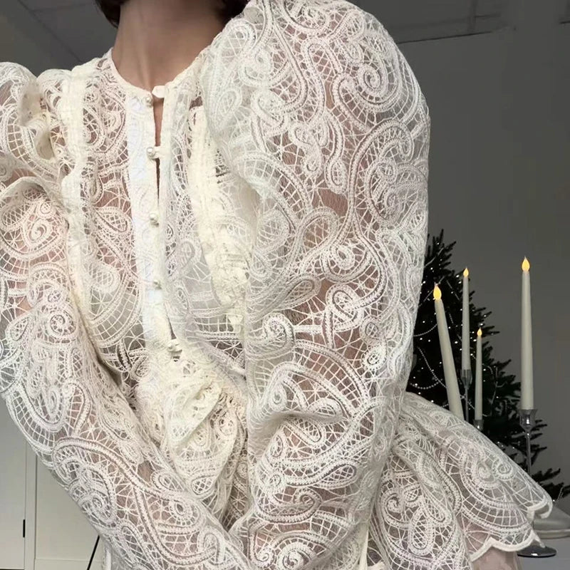 Casual Hollow Out Lace Tie Up Long Sleeve Blouse for Women