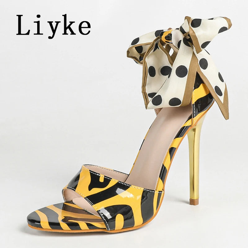 Zebra Pattern Silk Lace Up Leather Open Toe Sandals for Women