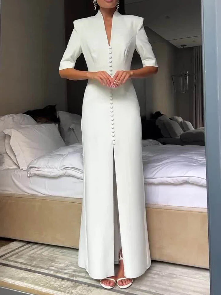 New Fashion Evening Gowns White Elegant Skinny Split Dress Woman Stand Collar Short Sleeve Single Breasted Shoulder Pad Vestidos