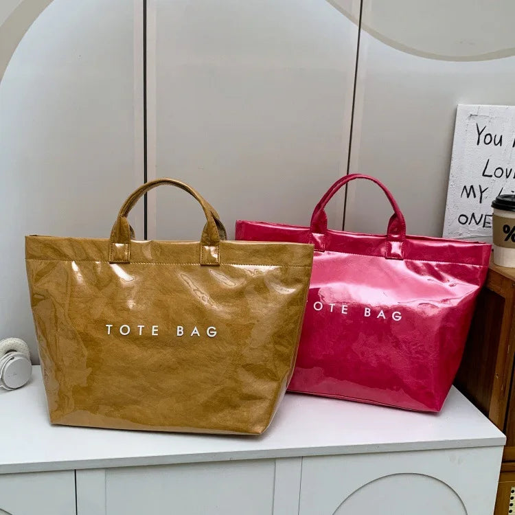 Kraft paper jelly waterproof bag, women's new retro commuting large capacity DuPont paper tote bag