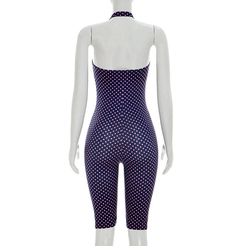 Polka Dot Halter Backless Bodycon Romper for Women