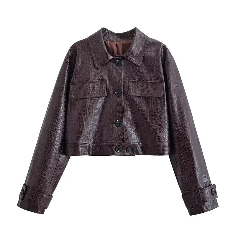 PU Leather Turn-Down Collar Jacket and Pants Set for Women