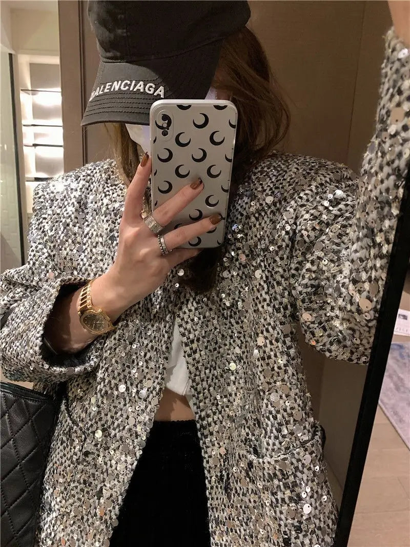 Elegant Sequined Tweed Button-Front Jacket for Women