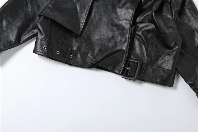 Elegant Belted Faux Leather Cropped Jacket for Women
