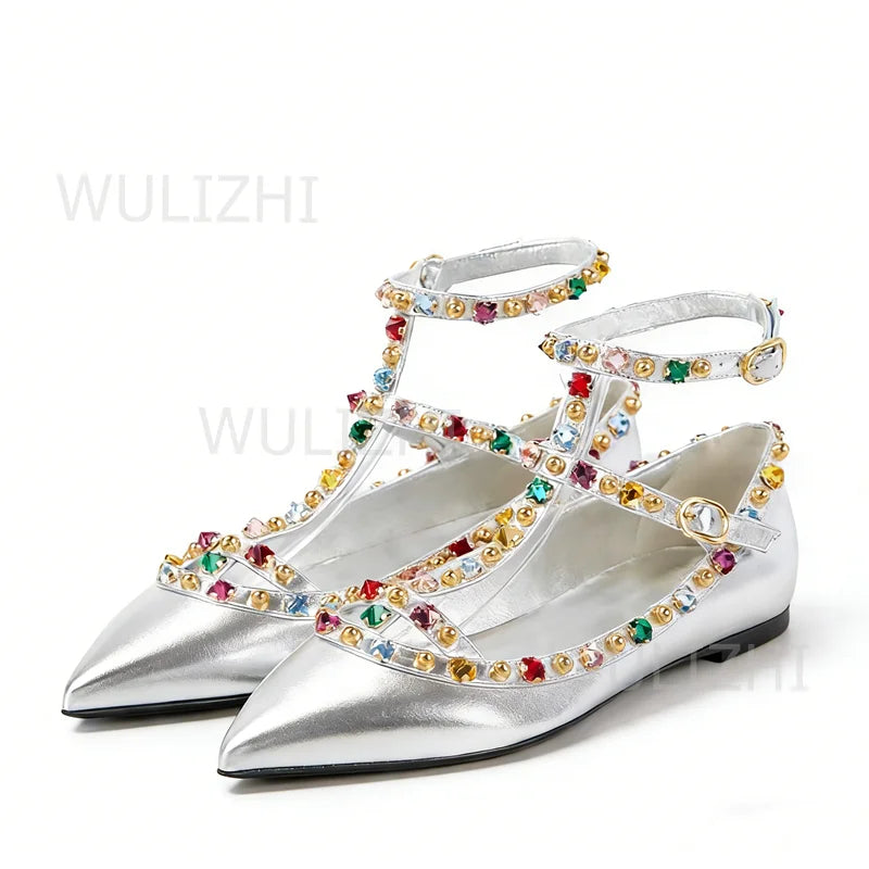 Vibrant Gemstone Rivet Openwork Sandals