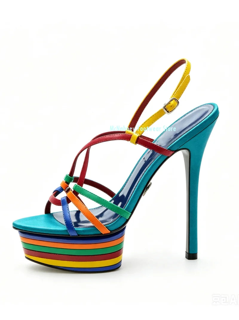 Rainbow Colored Pointed Toe Platform Stiletto Sandals for Women