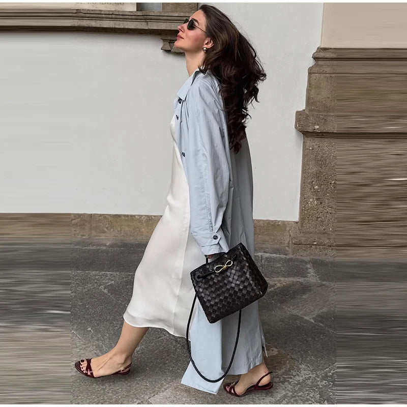 Lapel Collar Button Front Long Trench Coat With Waist Belt for Women