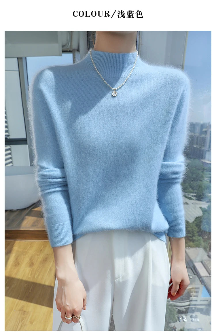 Loose Cashmere Knit Half High Neck Pullover Sweater for Women