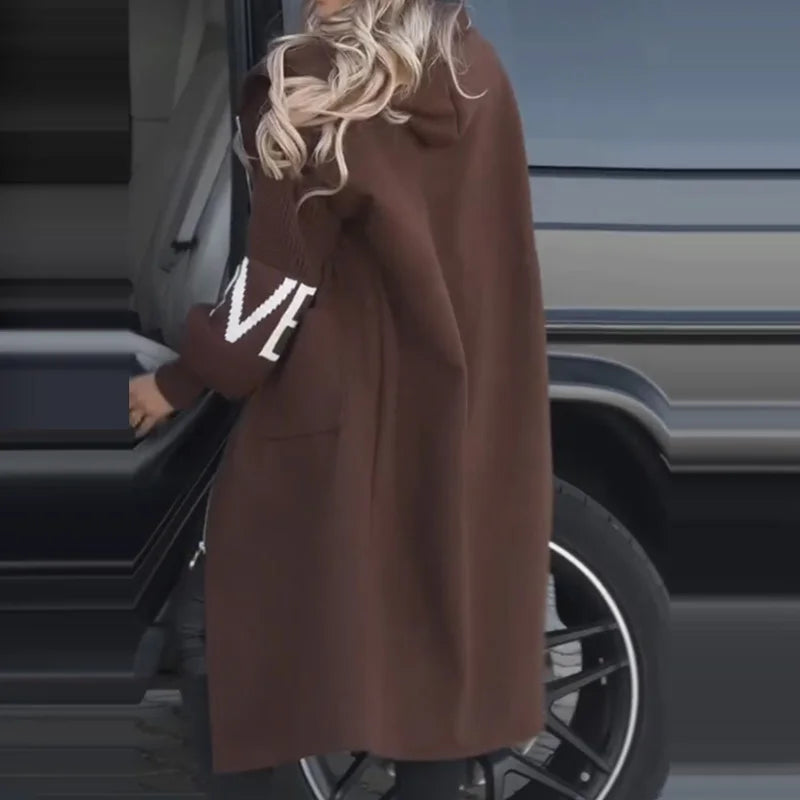 New Hooded Long Sleeve Cardigan Coat, Women Autumn Winter Simple Patchwork Zipper Jackets, Casual Lace-Up Fashion Maxi Outerwear