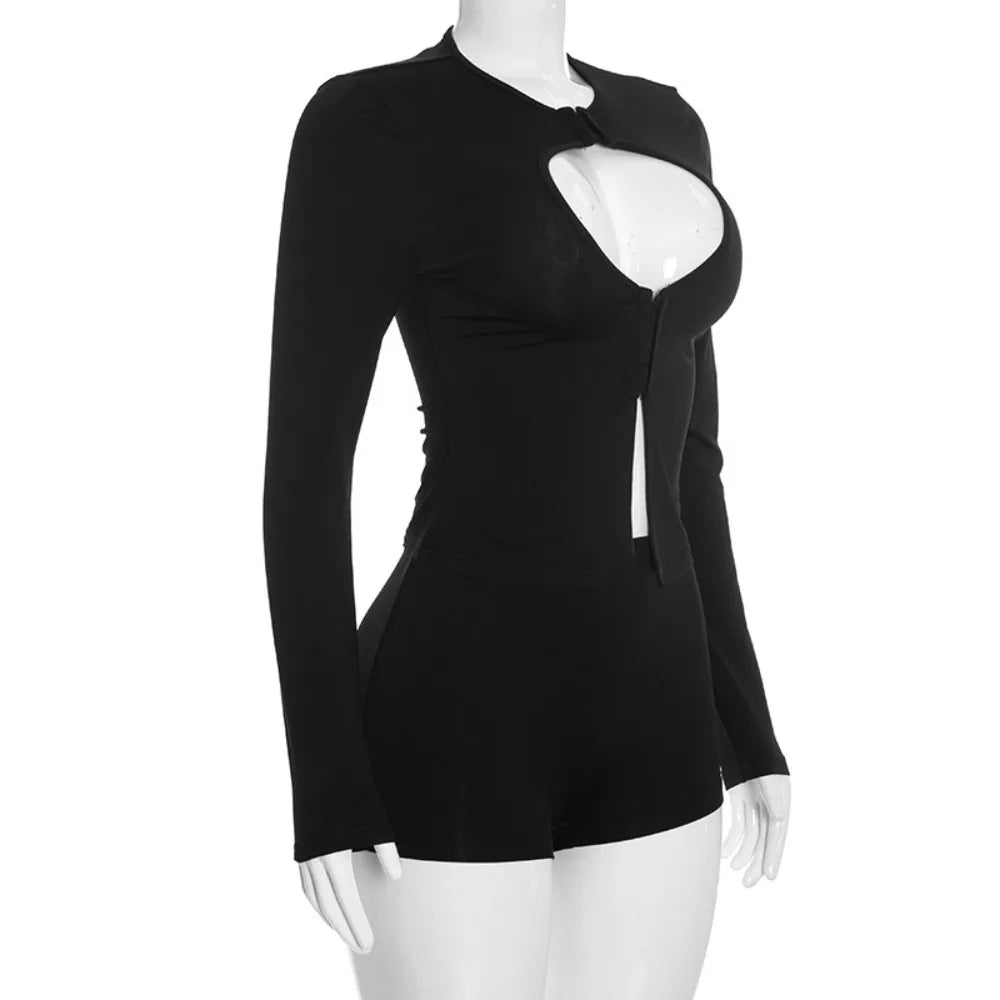 Hollow Out Long Sleeve Crop Top And Shorts Set for Women