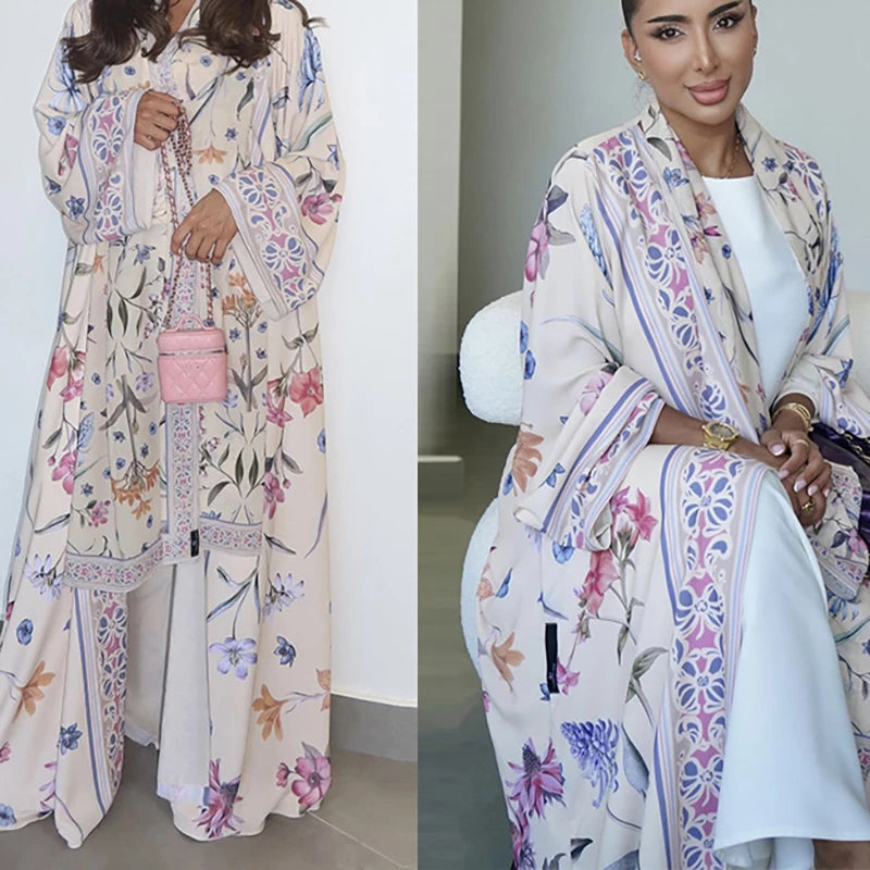 Elegant High Street Swing Vacation Jackets 2025 New Women's V Neck Autumn Coat Floral Print Long Sleeved Loose Muslim Cardigan