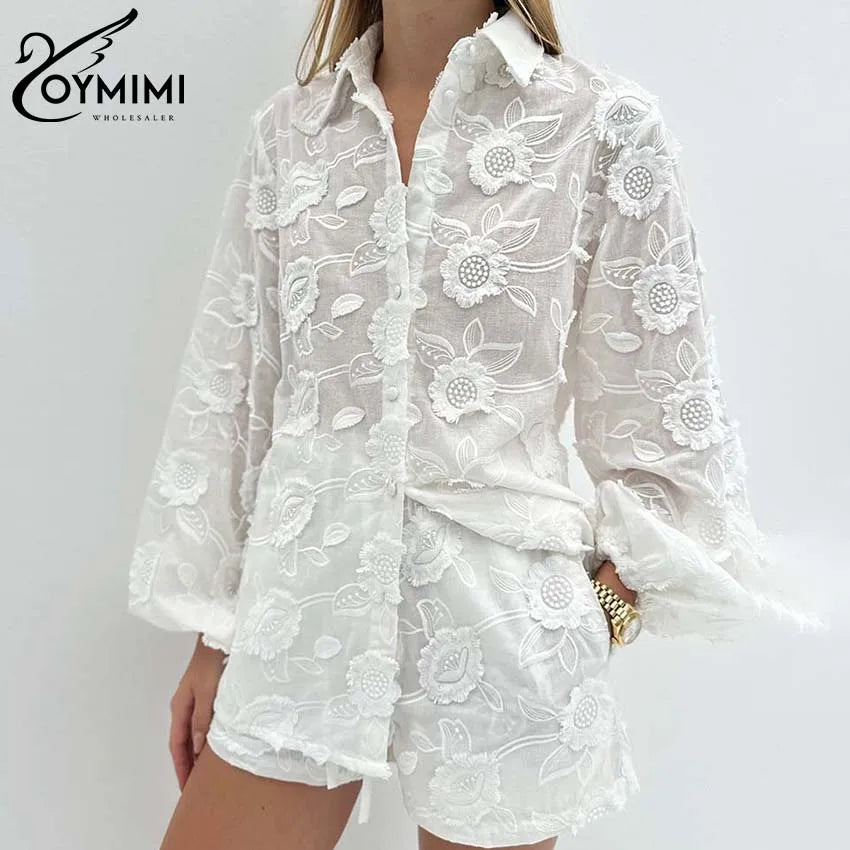 Oymimi Summer White Cotton 2 Piece Sets Women Outfit Casual Jacquard Button Wrist Sleeve Shirts And High Waist Shorts Female Set