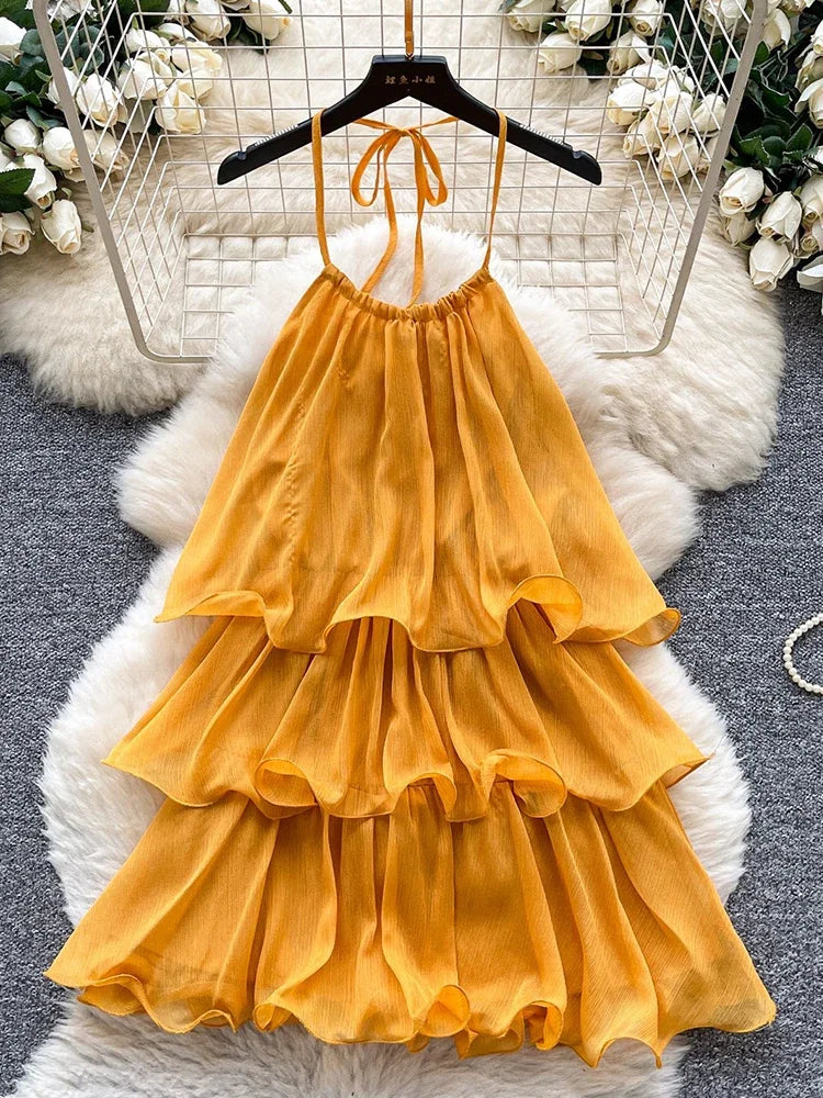 Yellow Halter Neck Lace-Up Ruffle Mini Dress for Women