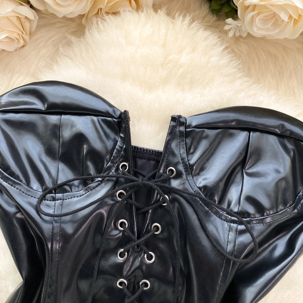 Strapless PU Leather Lace-Up Backless Bodysuit for Women