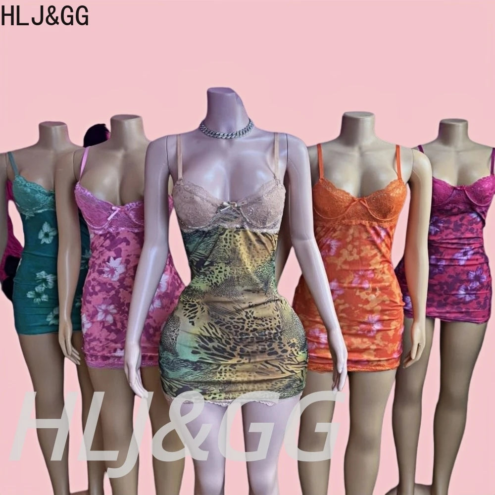 Leopard Print Lace Spaghetti Strap Bodycon Dress for Women