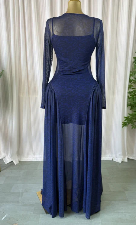 Elegant Pleated O Neck Long Sleeve Maxi Dress For Women