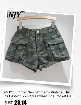 ANJY Summer New Women American Retro Streetwear Camouflage Three-dimensional Pocket Cargo Jeans Casual Trendy Denim Shorts A7672