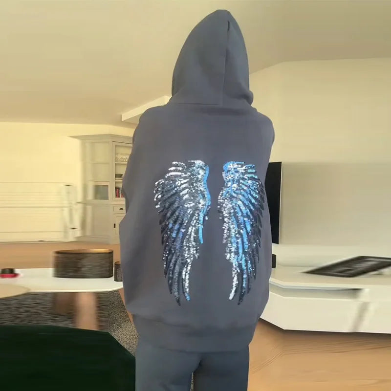 Sequin Wing Design Hooded Sweatshirt Pants Set For Women
