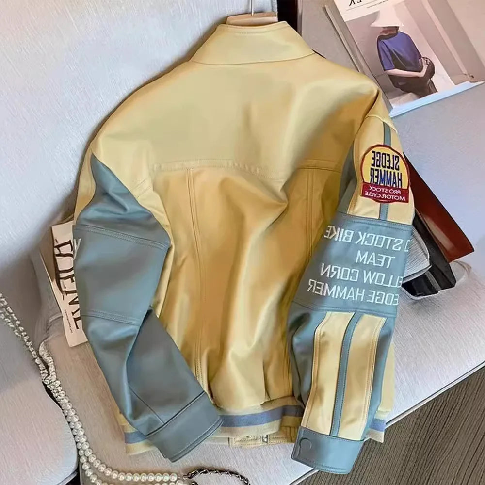 Retro Embroidered Faux Leather Baseball Jacket for Women