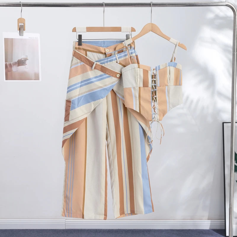 Striped Patchwork Vest and Asymmetric Trousers Set for Women