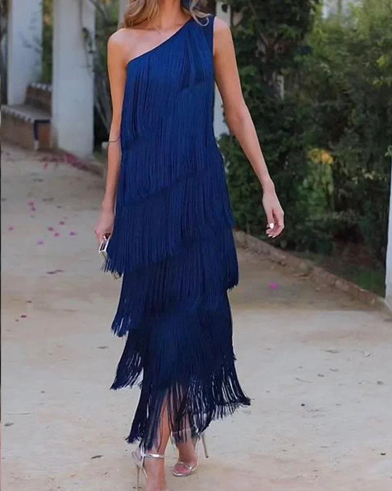 Diagonal Collar Tassel Sleeveless Summer Dress for Women