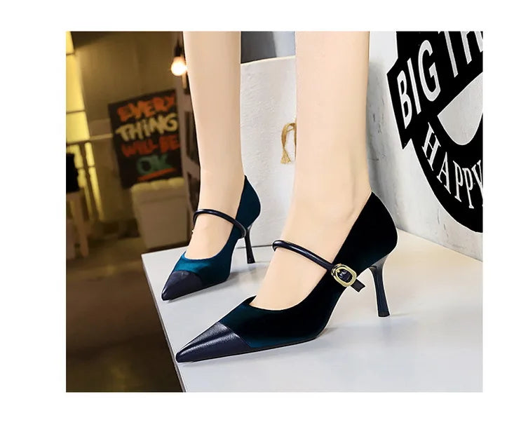 Suede Buckle Strap Pointed Toe Stiletto Pumps for Women