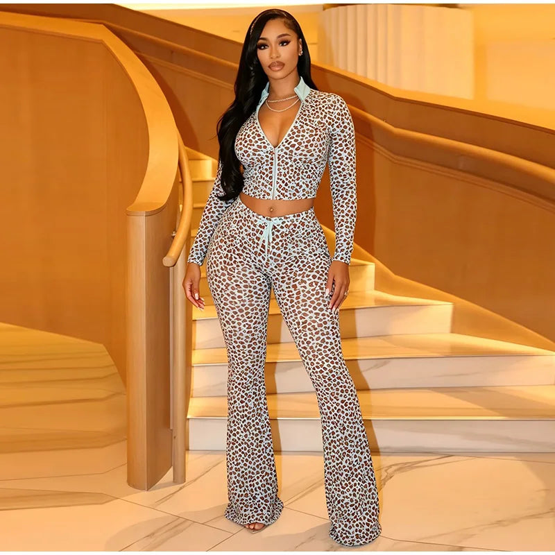 Leopard Print Stand Collar Casual Two Piece Set For Women