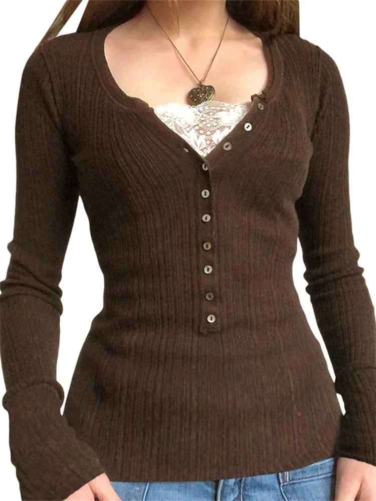 Button Front Lace Patchwork Slim Fit Knit Top for Women