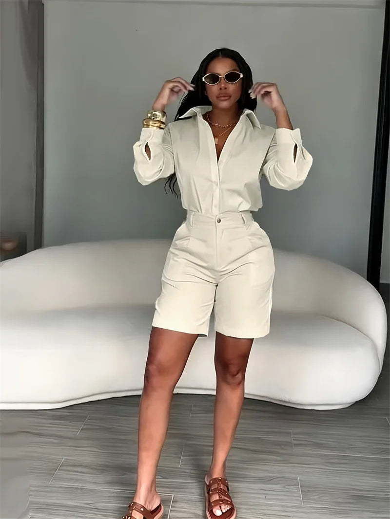 Solid Elegant Casual Long Sleeve Top and Shorts Two Piece Set for Women