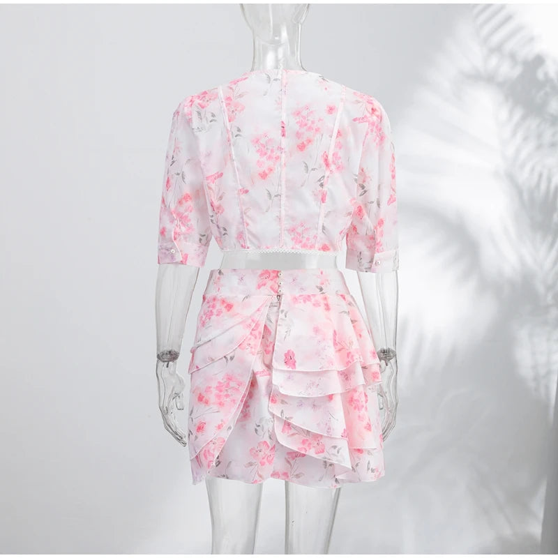 Floral Print Puff Sleeve Chiffon Pleated Two Piece Skirt Set For Women