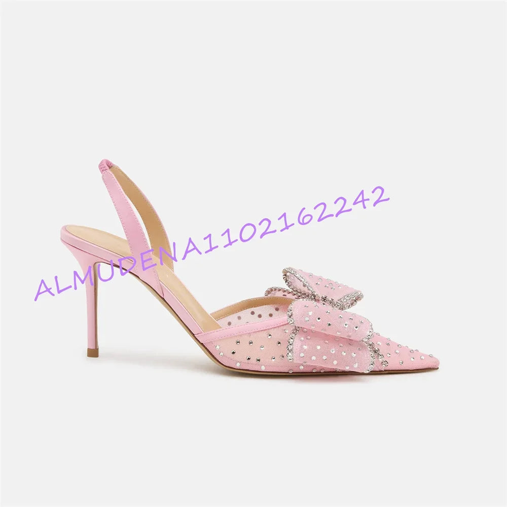 Rhinestone Bow Pointed Slingback Stiletto Heels for Women