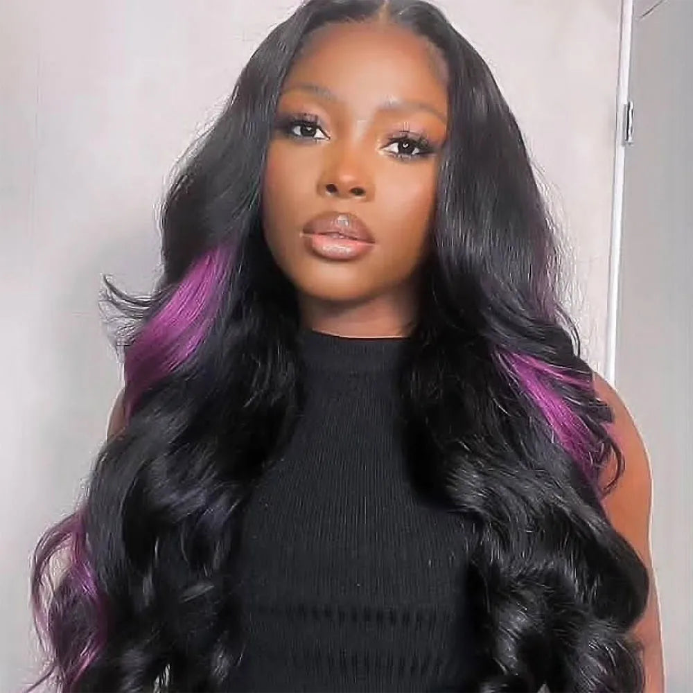 Uniisoe Highlight Purple and Black Wave Lace Front Human Hair Wigs 36 Inches 200% Black Women13x4 Transparent Lace Brazilian Wig