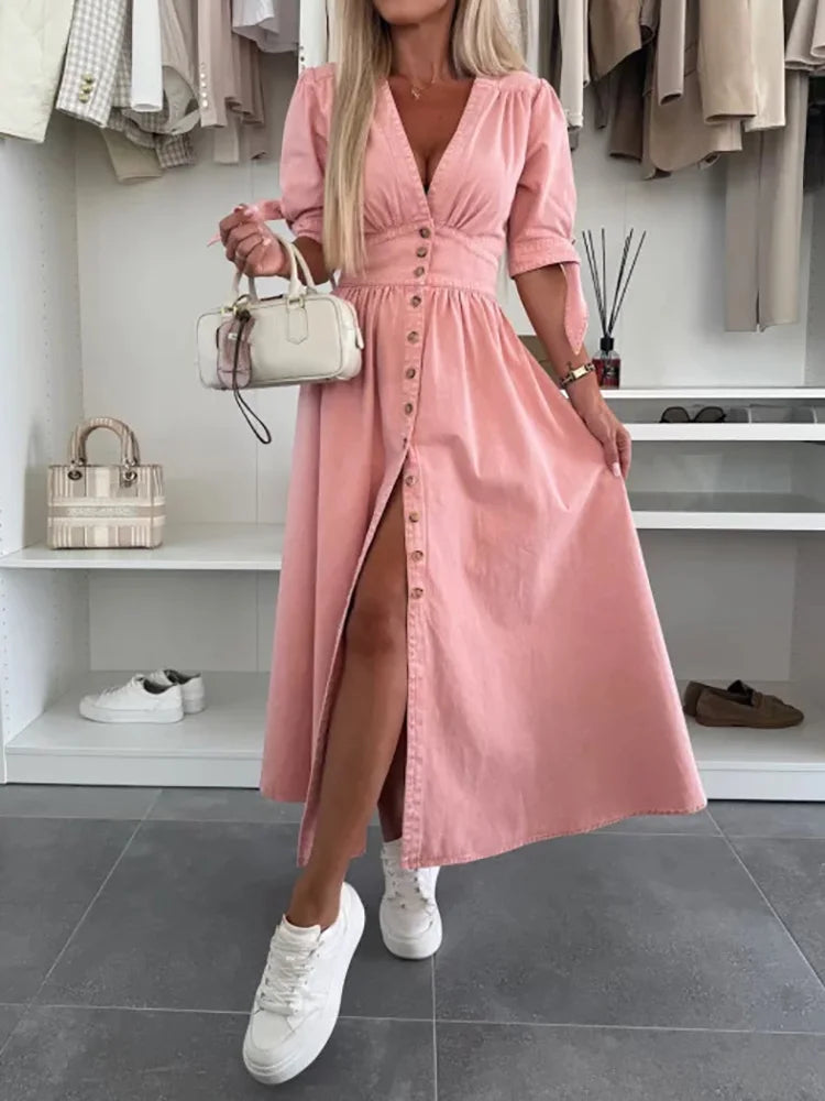 Spring Summer V Neck Fashion Maxi Dress, Women Half Sleeve Elegant Simple Party Dress, Single-Breasted Chic Ladies Dress Vestido