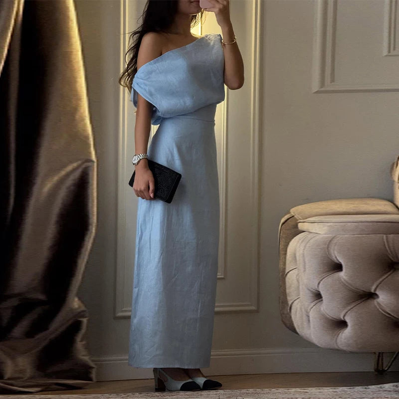 Elegant One Shoulder Side Split Ankle Length Dress for Women