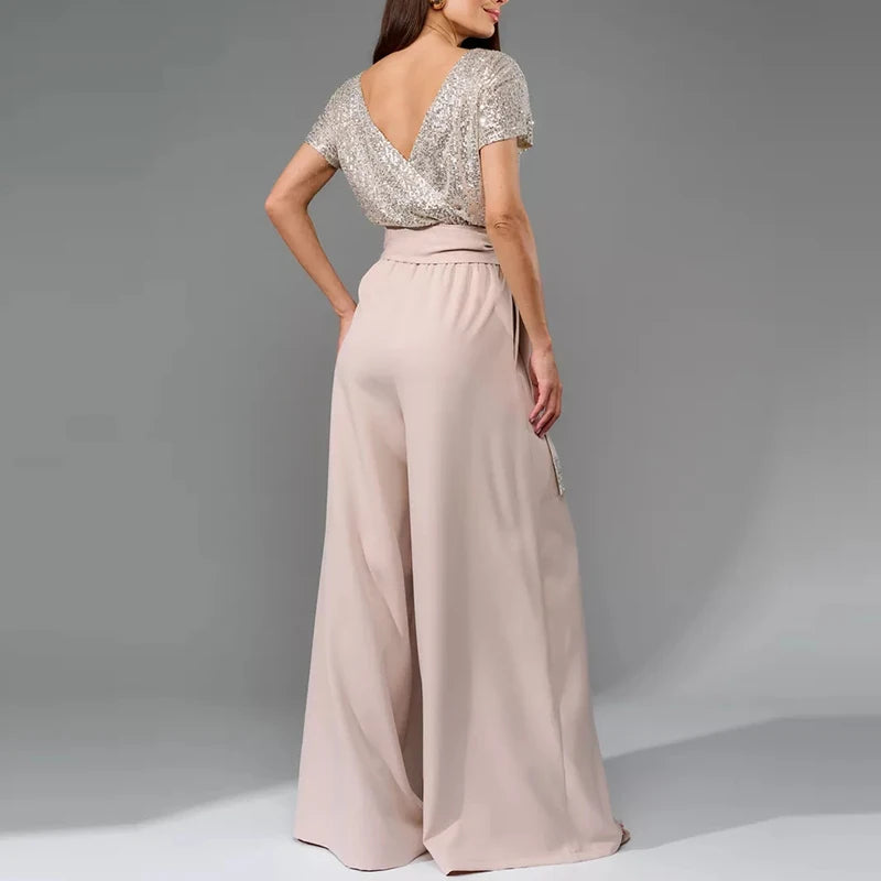 Sequin Patchwork High Waist Jumpsuit with Short Sleeves for Women