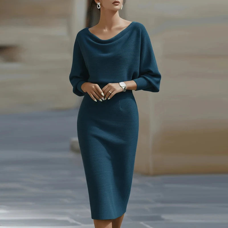 Office Lady Solid High Waist Slim Hips Dress 2026 Spring Sexy O Neck Zipper Slit Party Dresses Autumn Batwing Sleeve Woman Dress