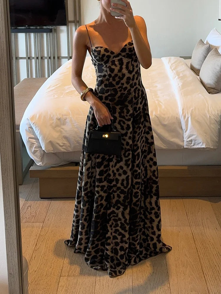 Summer Women Leopard Patchwork Chic Party Dress, Casual Sleeveless Simple Fashion Maxi Dress, 2025 Backless Elegant Ladies Dress